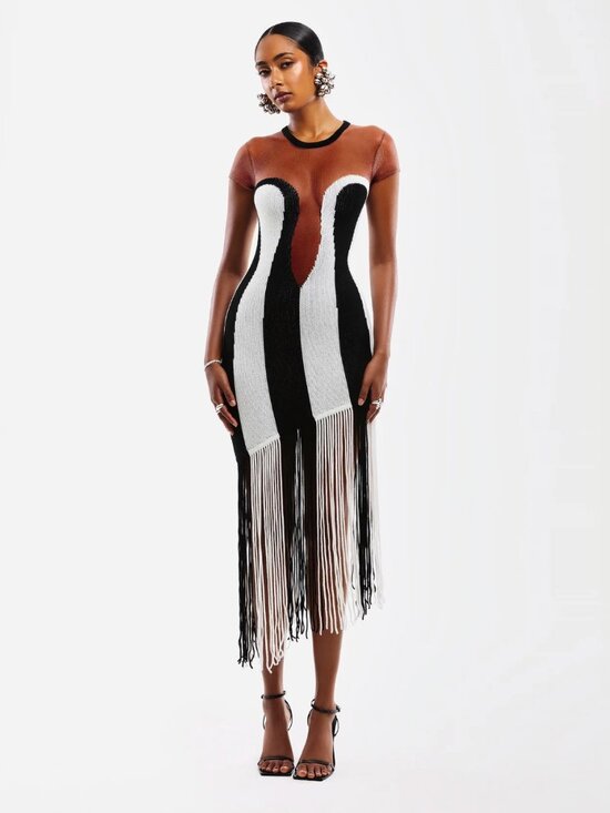 Hanifa Dresses & Skirts - Hanifa Zariah Tassel Knit Dress Black and White Fringe